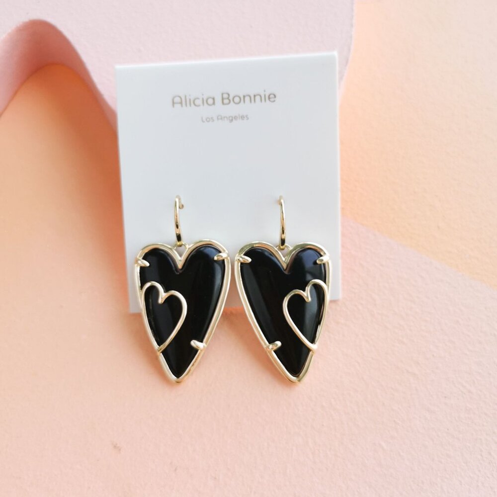 Alicia Bonnie Black Heart Drop Earrings - Gold Frame